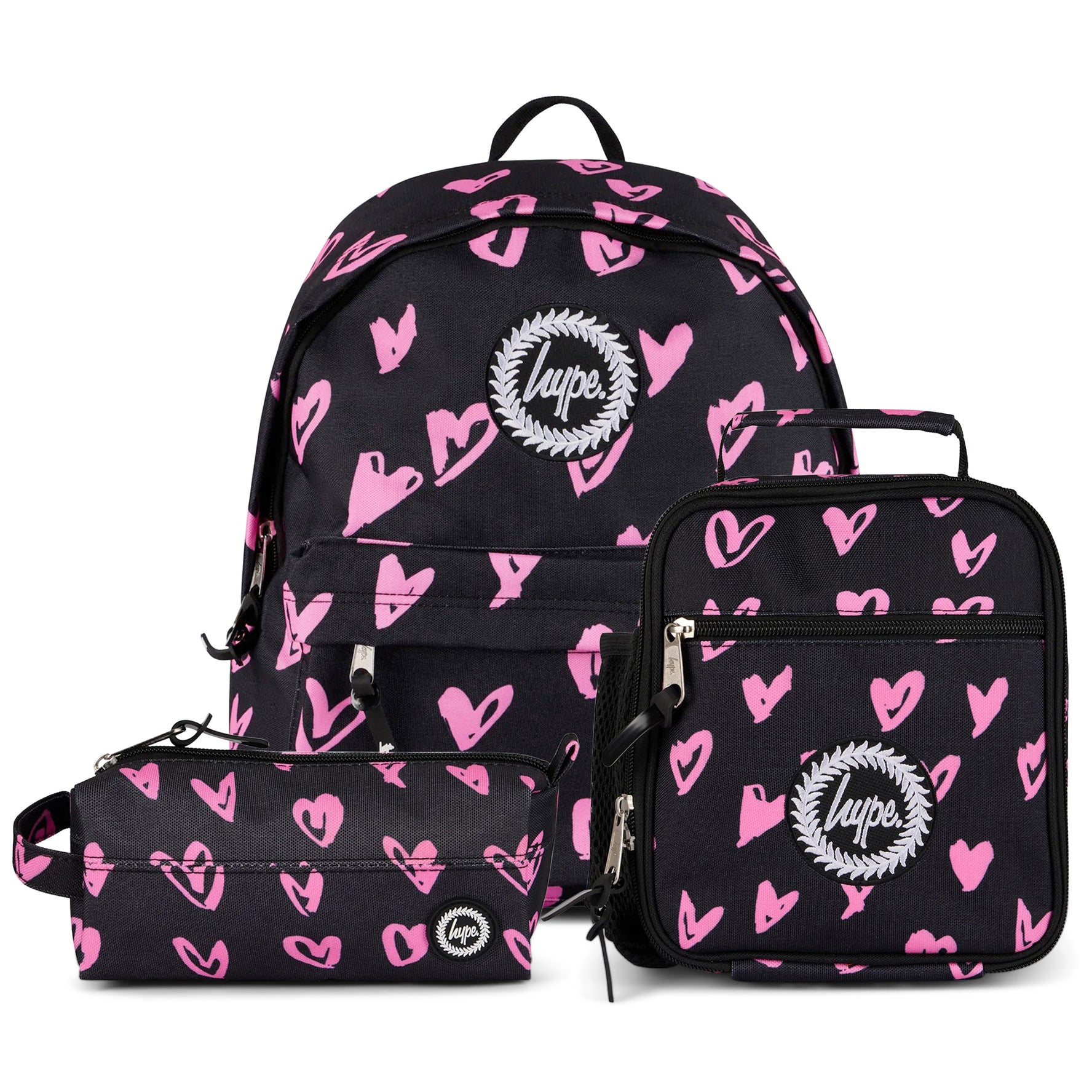 Black/Pink Scribble Hearts Backpack SET